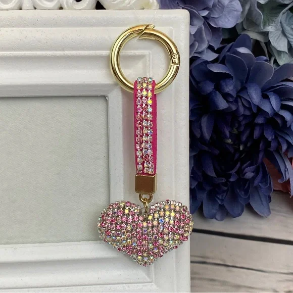 Chic Multicolor Pink Crystal & Leather Heart Keychain - Picture 2 of 11